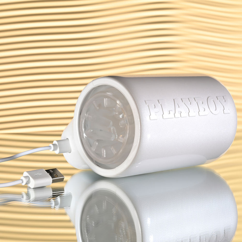 Playboy Pleasure SPIN DOCTOR - White USB Rechargeable Vibrating & Spinning Stroker Club X