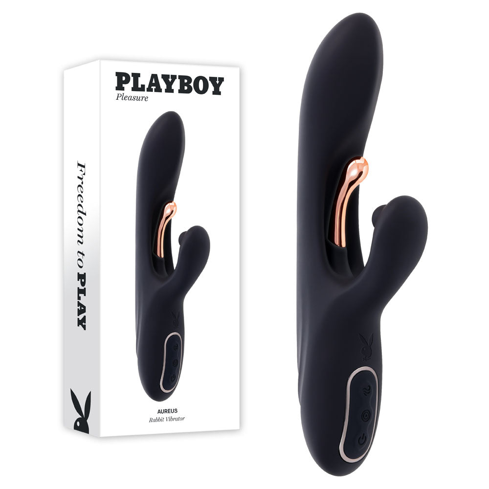 Playboy Pleasure AUREUS - Black 22.7 cm USB Rechargeable Rabbit Vibrator with Internal Flicker Black - Club X