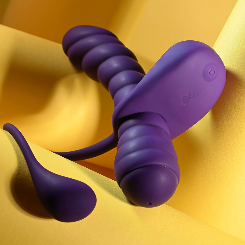 Playboy Pleasure TWISTED PLAYGROUND - Purple USB Rechargeable Vibrator and Cock Ring Kit Playboy Pleasure