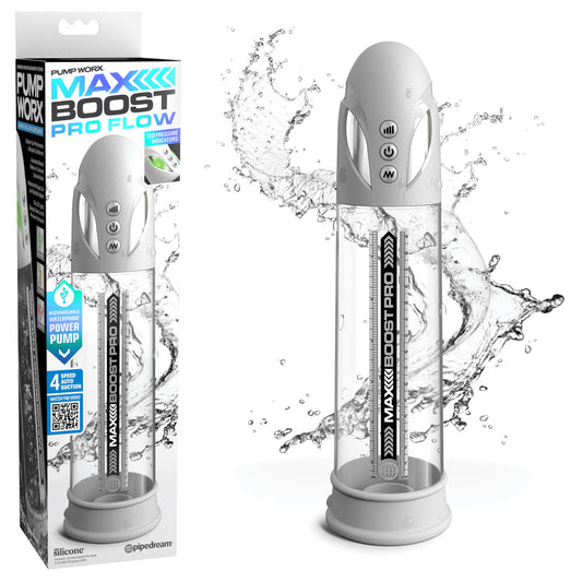 Pump Worx Max Boost Pro Flow - White - White/Clear USB Rechargeable Waterproof Auto Penis Pump White - Club X