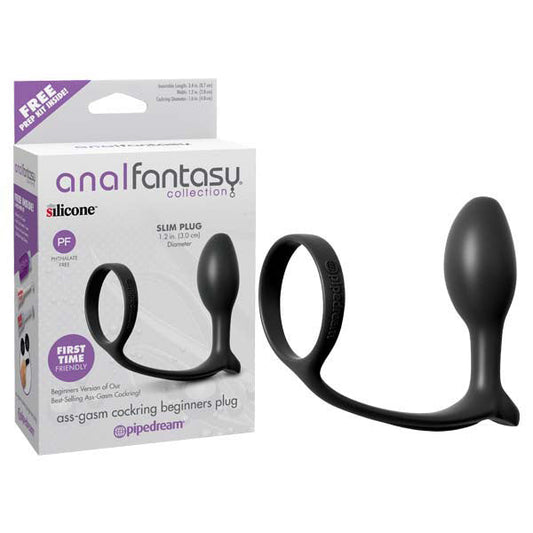 Anal Fantasy Collection Ass-Gasm Cock Ring Beginners Plug - Black Cock Ring with Anal Plug Pipedreams