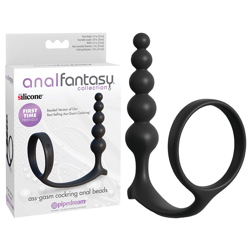 Anal Fantasy Collection Ass-Gasm Cockring Anal Beads - Black Cock Ring with Anal Plug Pipedreams