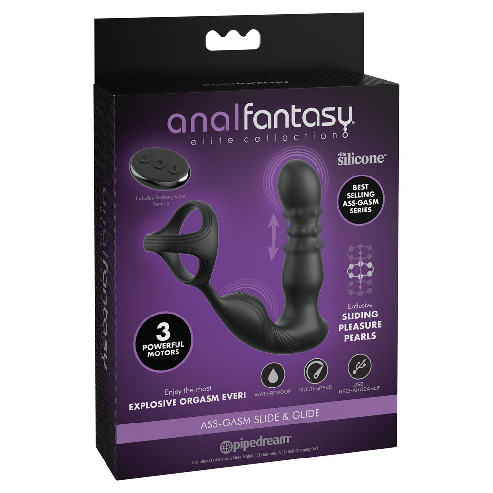 Anal Fantasy Elite Ass-Gasm Slide & Glide - Black USB Rechargeable Prostate Massage with Cock Ring Pipedream