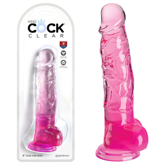 King Cock Clear 8'' Cock with Balls - Pink - Pink 20.3 cm Dong Pink - Club X