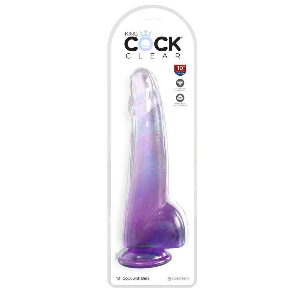 King Cock Clear 10'' Cock with Balls - Purple - Purple 25 cm Dong Pipedream