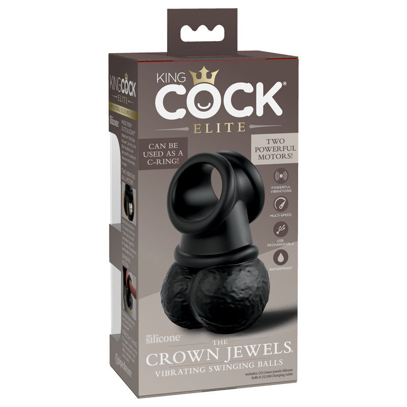 King Cock Elite The Crown Jewels Vibrating Silicone Balls - Black USB Rechargeable Vibrating Cock Ring Pipedream