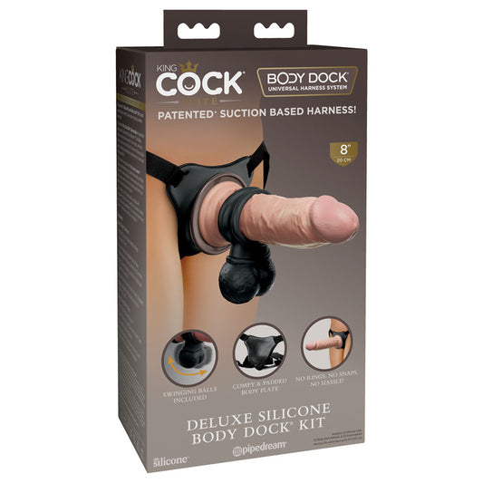 King Cock Elite Deluxe Silicone Body Dock Kit - Body Dock Strap-On Harness with 20.3 cm Dong & Swinging Balls Ring Flesh - Club X