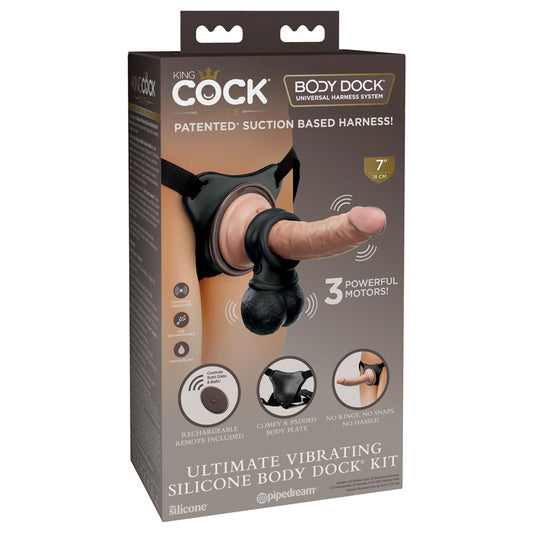 King Cock Elite Ultimate Vibrating Silicone Body Dock Kit - Body Dock Strap-On Harness with 17.8 cm Vibrating Dong & Vibrating Balls Flesh - Club X