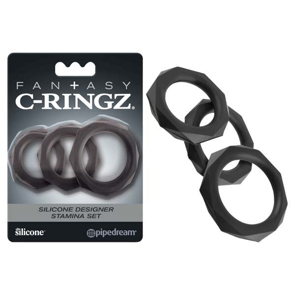 Fantasy C-Ringz Silicone Designer Stamina Set - Black Cock Rings - Set of 3 Sizes Pipedreams