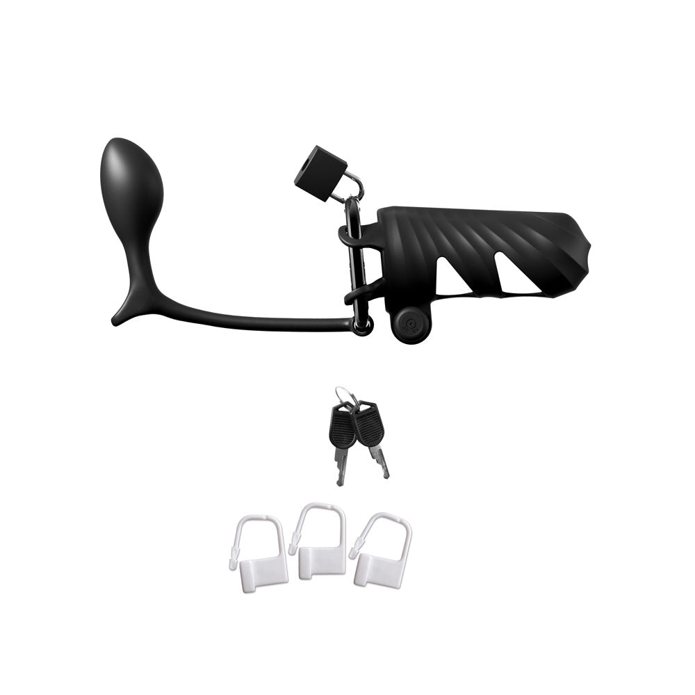 Fantasy C-Ringz Remote-Controlled Vibrating Cock Blocker with Ass-Gasm Plug - Black Vibrating Cock Cage with Anal Plug