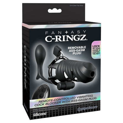 Fantasy C-Ringz Remote-Controlled Vibrating Cock Blocker with Ass-Gasm Plug - Black Vibrating Cock Cage with Anal Plug