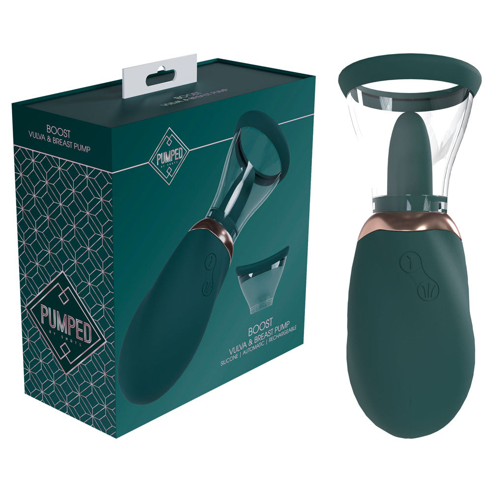PUMPED Boost Auto Vulva & Brest Pump - Green - Green USB Rechargeable Ladies Pump - Club X