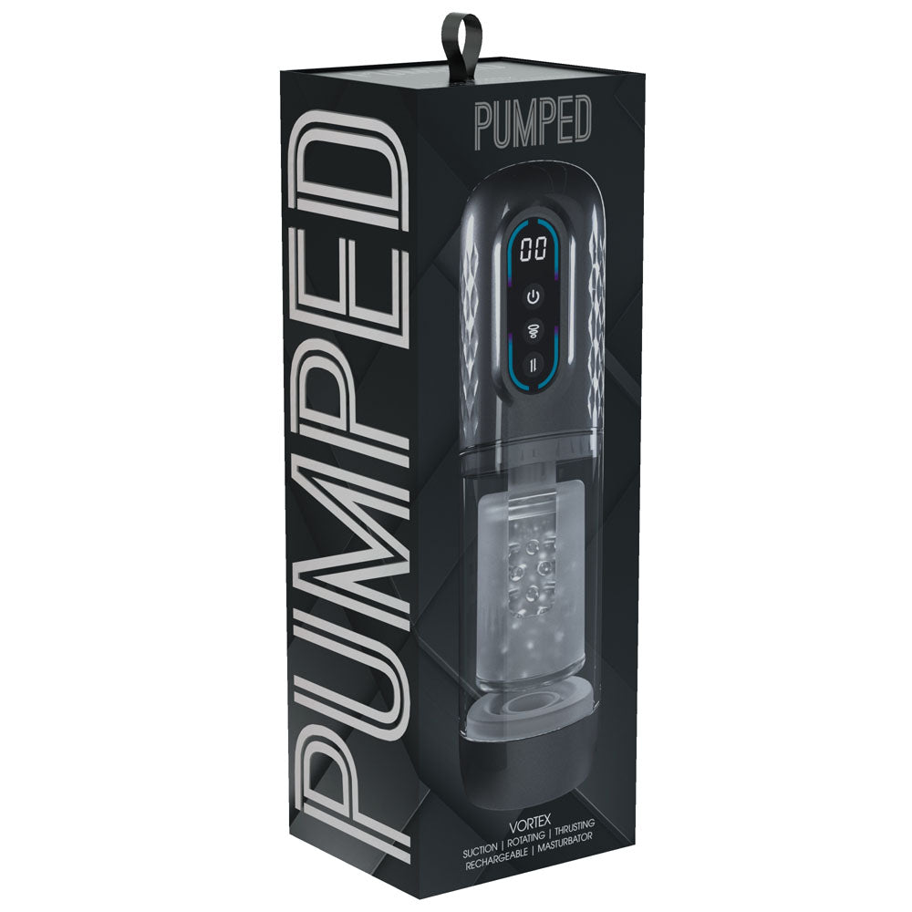 PUMPED Vortex - Gunmetal - Gunmetal Grey/Clear USB Rechargeable Sucking Rotating and Thrusting Auto Masturbator Shots Toys