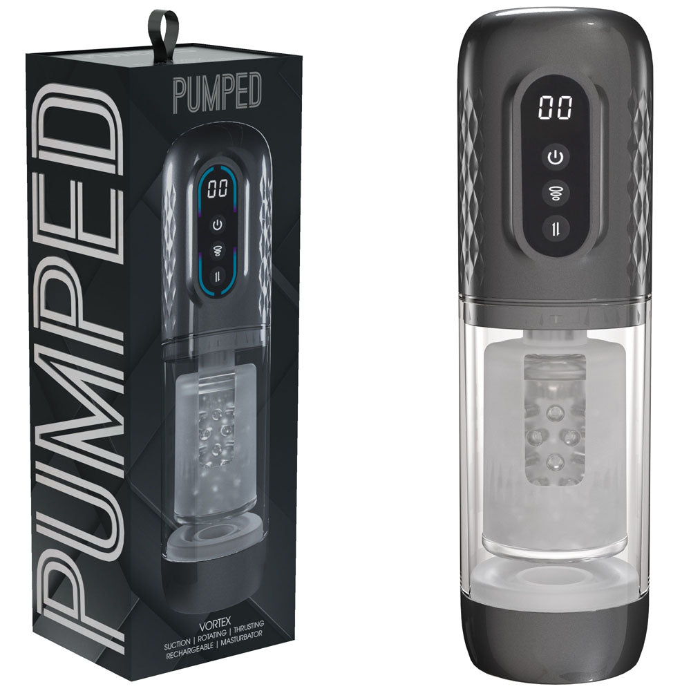 PUMPED Vortex - Gunmetal - Gunmetal Grey/Clear USB Rechargeable Sucking Rotating and Thrusting Auto Masturbator Shots Toys