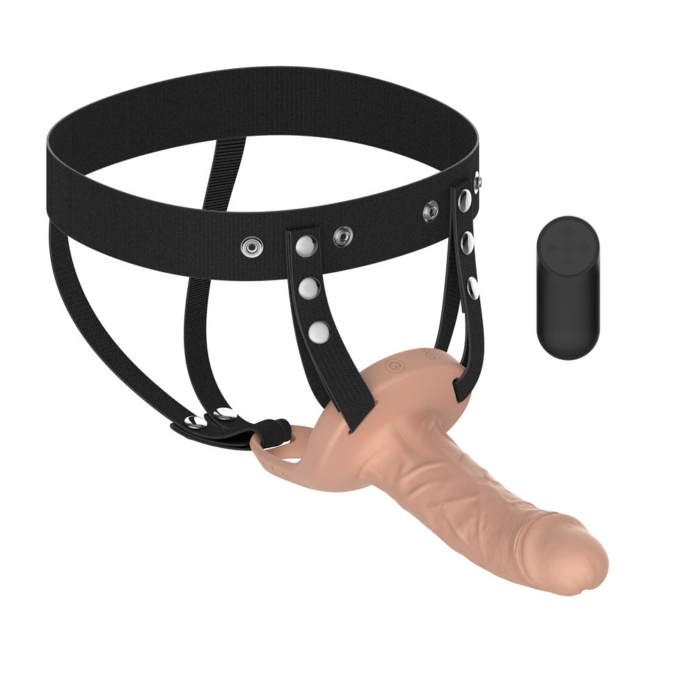 Passion Play Vibrating Realistic Hollow Strap-On - Flesh - Flesh 15.5 cm USB Rechargeable Vibrating Hollow Strap-On with Wireless Remote Passion Play