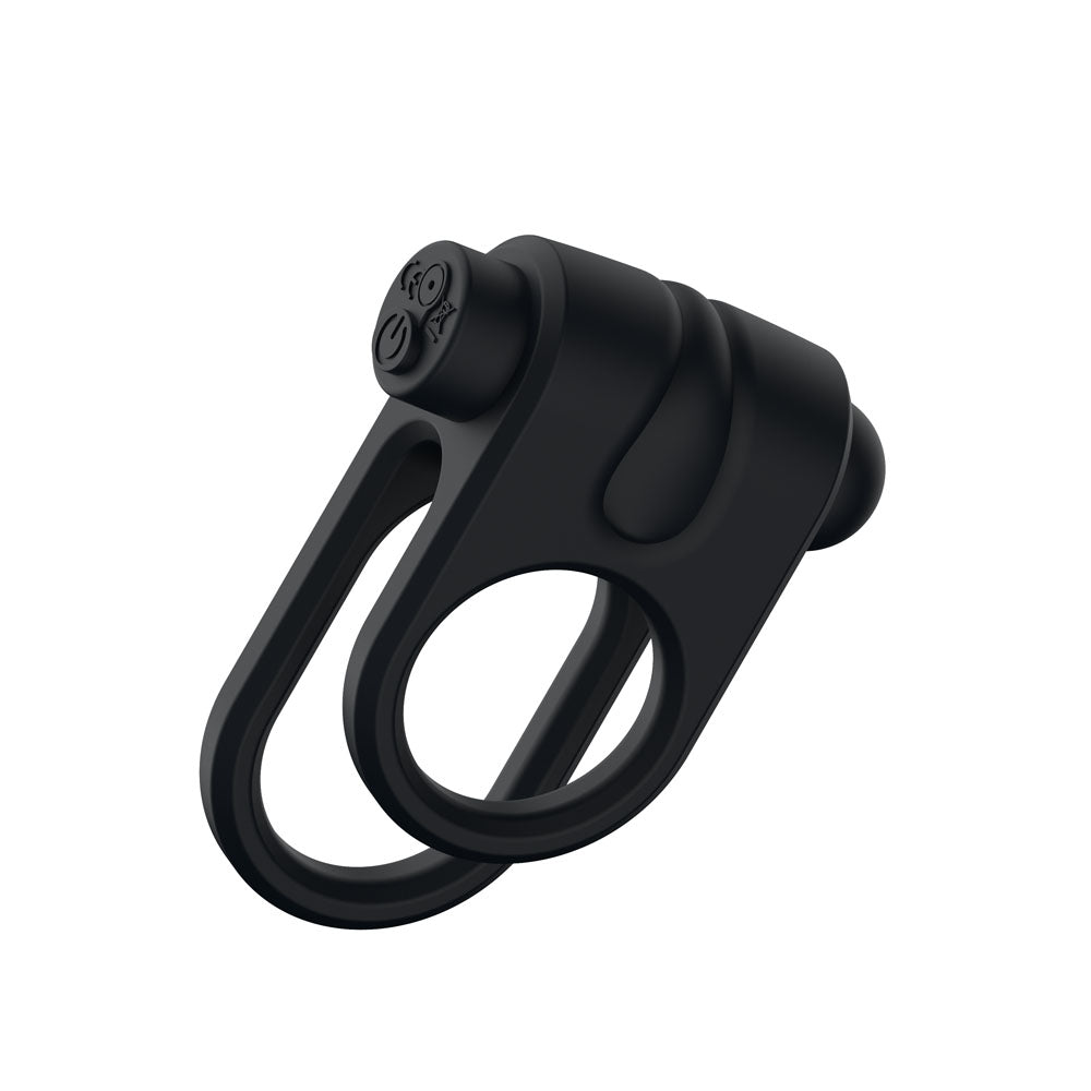 Passion Play Silicone Vibrating Dual Cockring - Black USB Rechargeable Cock & Balls Ring Passion Play