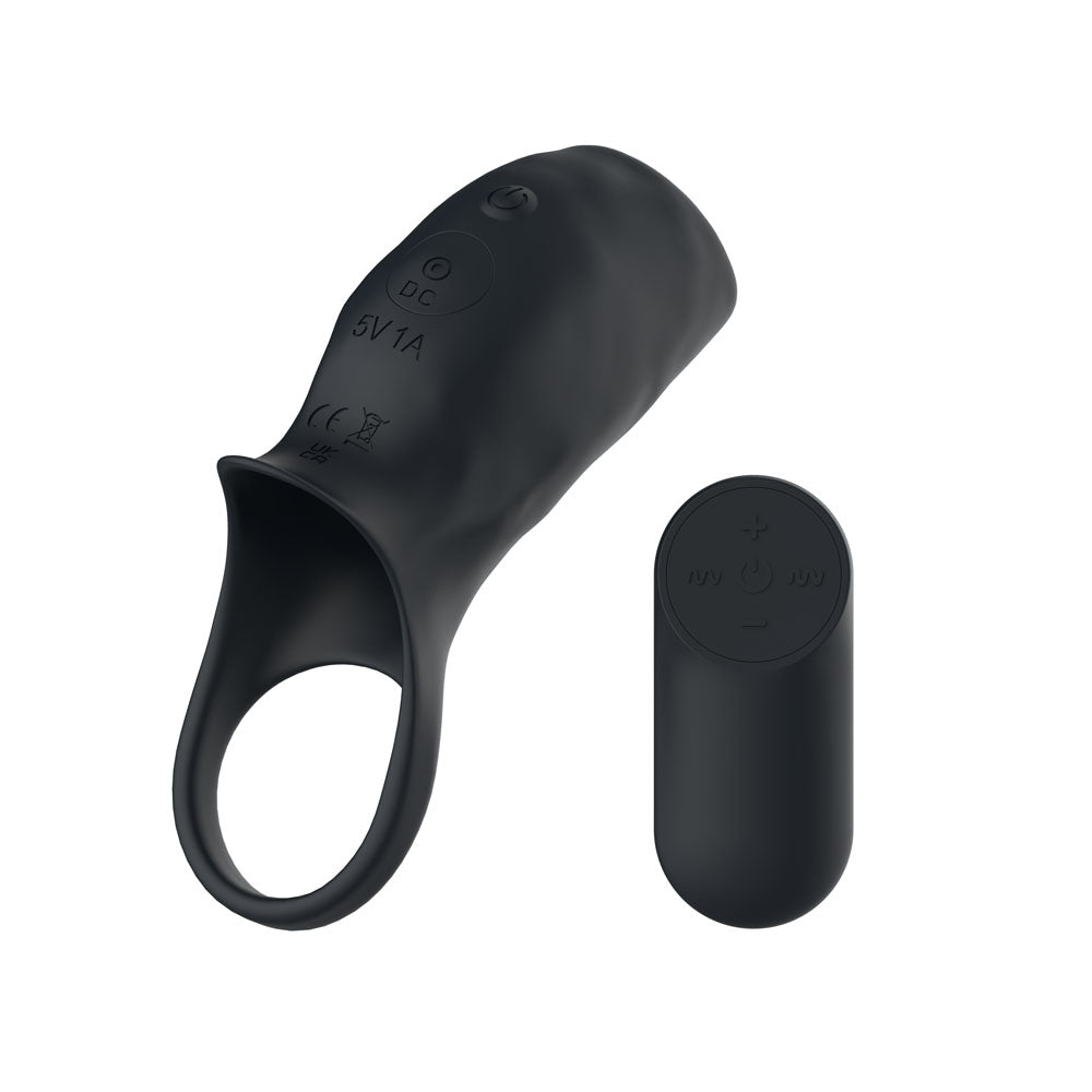 Passion Play Vibrating Cockring Sleeve - Black USB Rechargeable Vibrating Penis Sleeve with Wireless Remote Passion Play