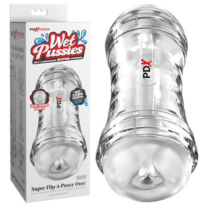 PDX Wet Pussies Super Flip-A-Pussy Over - Clear - Clear Dual Ended Self Lubricating Stroker (Vagina & Ass) Pipedream