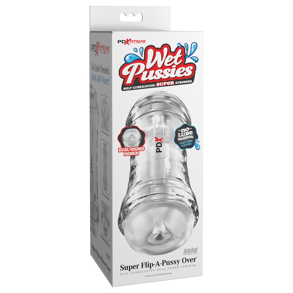 PDX Wet Pussies Super Flip-A-Pussy Over - Clear - Clear Dual Ended Self Lubricating Stroker (Vagina & Ass) Pipedream