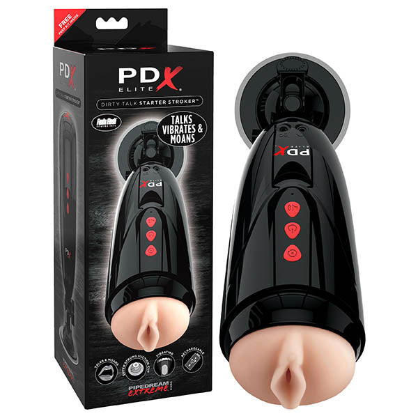 Pipedream Extreme Toyz Elite Dirty Talk Starter Stroker - Flesh Vibrating Vagina Masturbator with Suction Cup & Sound Effects Pipedreams