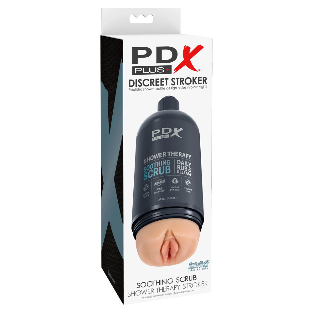 PDX Plus Shower Therapy - Soothing Scrub - Flesh - Flesh Discreet Vagina Stroker with Suction Base Pipedream
