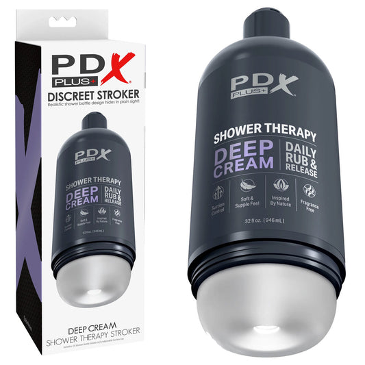 PDX Plus Shower Therapy - Deep Cream - Frosted - Clear Discreet Stroker with Suction Base Clear - Club X