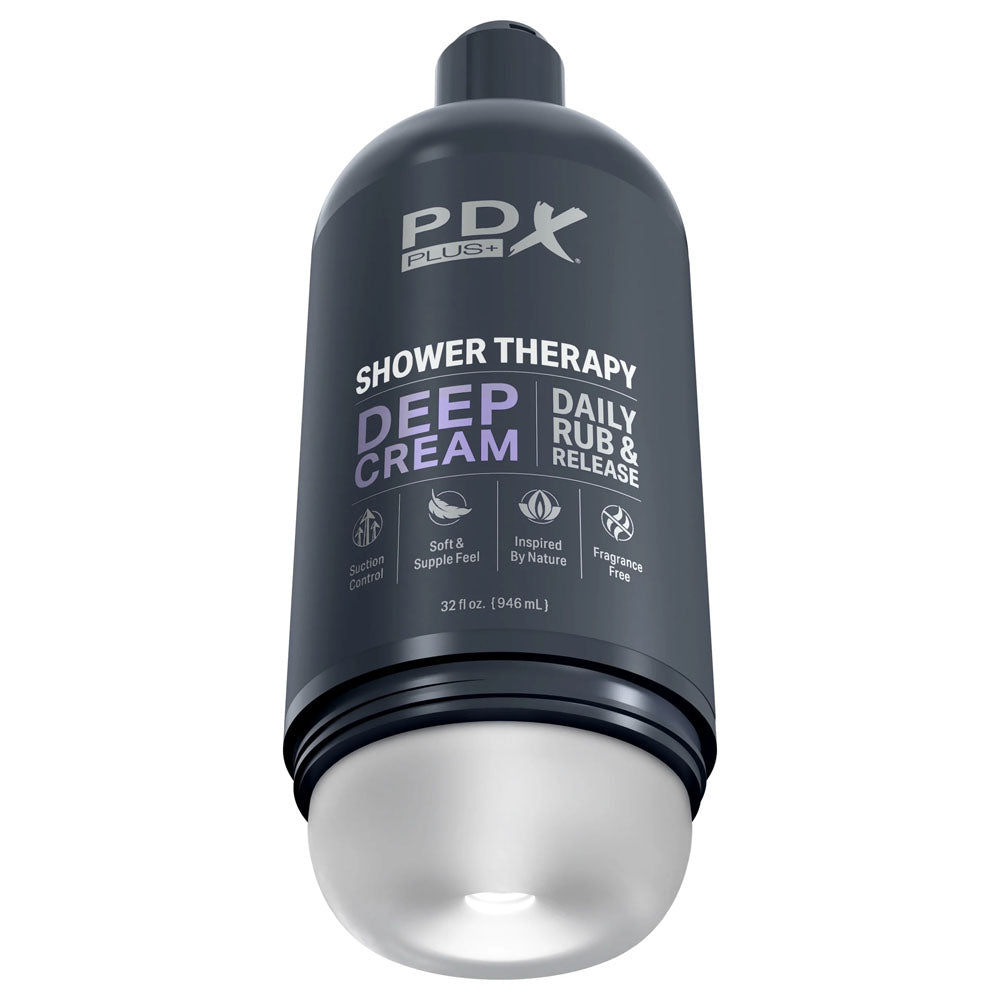 PDX Plus Shower Therapy - Deep Cream - Frosted - Clear Discreet Stroker with Suction Base Pipedream