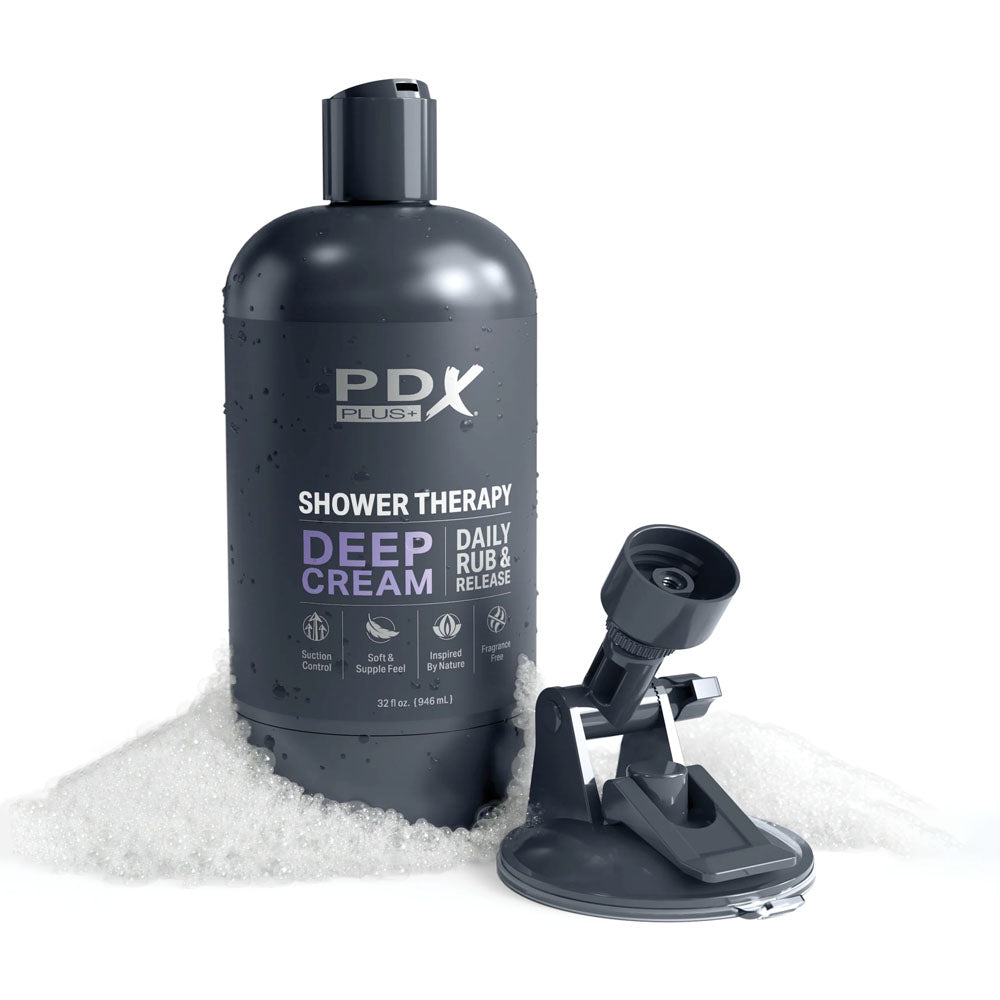 PDX Plus Shower Therapy - Deep Cream - Frosted - Clear Discreet Stroker with Suction Base Pipedream