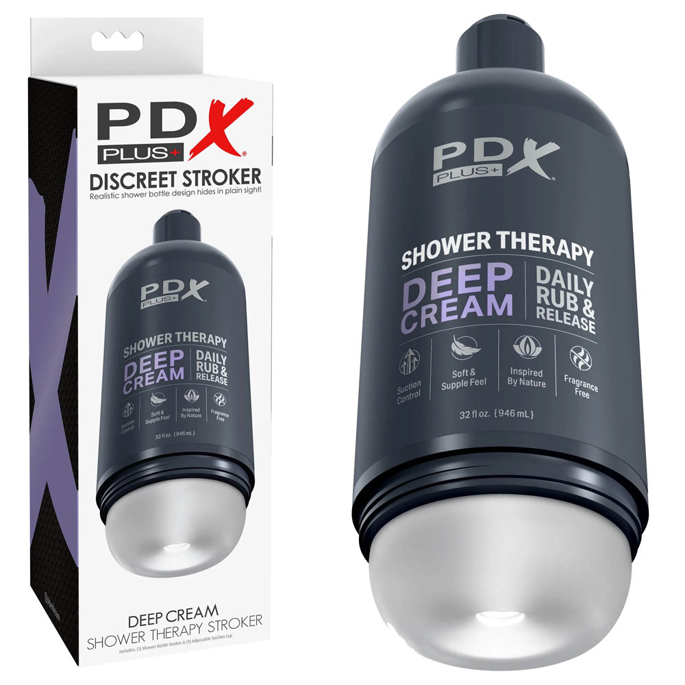 PDX Plus Shower Therapy - Deep Cream - Frosted - Clear Discreet Stroker with Suction Base Pipedream