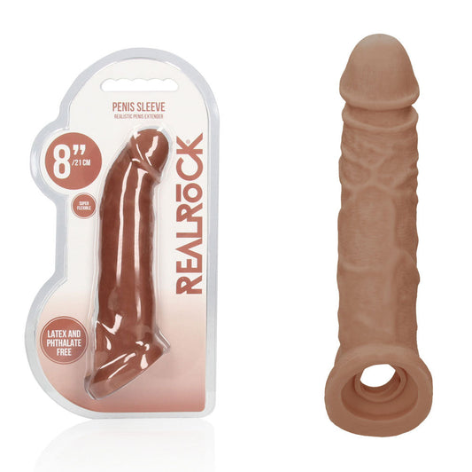REALROCK 8'' Realistic Penis Extender with Rings - Tan - Tan 20.3 cm Penis Extension Sleeve Shots Toys