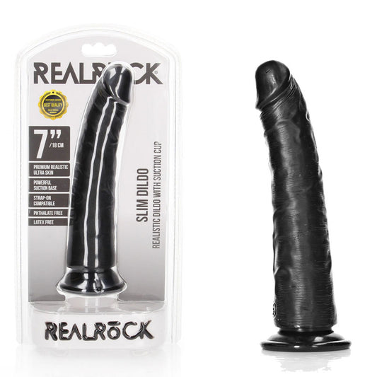 REALROCK Realistic Slim Dildo with Suction Cup - 18cm - Black 18 cm (7'') Dong Black - Club X