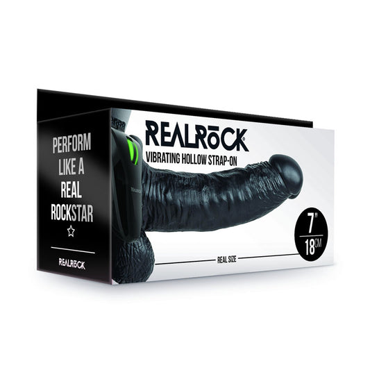 REALROCK Vibrating Hollow Strapon + Balls - 18cm Black - Black 18 cm Vibrating Hollow Strap-On Black - Club X