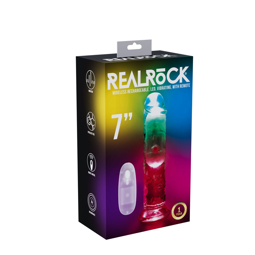 REALROCK 7'' No Balls Wireless Rechargeable LED Vibrating Dong - Clear with LED 20 cm USB Rechargeable Vibrating Dong with Remote Shots Toys
