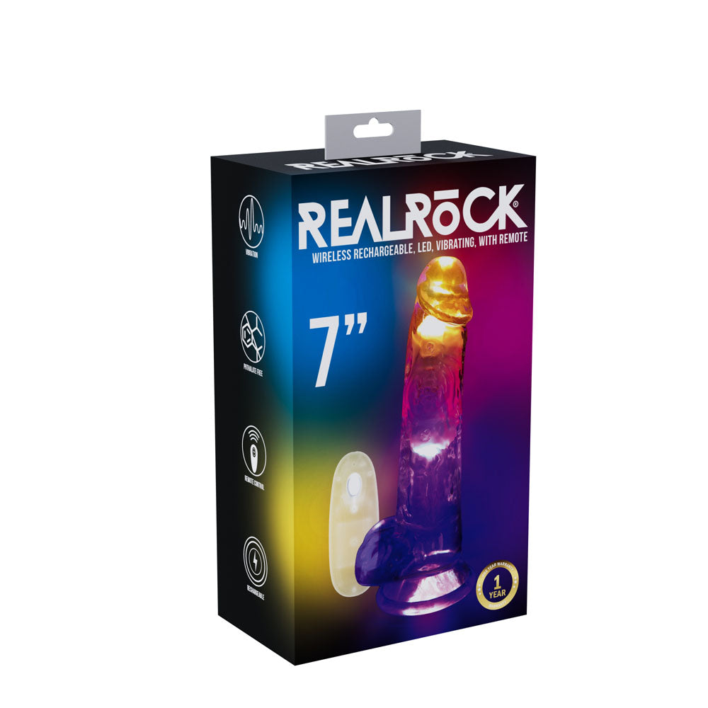 REALROCK 7'' with Balls Wireless Rechargeable LED Vibrating Dong - Clear with LED 19.5 cm USB Rechargeable Vibrating Dong with Remote Shots Toys