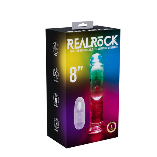 REALROCK 8'' No Balls Wireless Rechargeable LED Vibrating Dong - Clear with LED 22 cm USB Rechargeable Vibrating Dong with Remote Coloured - Club X