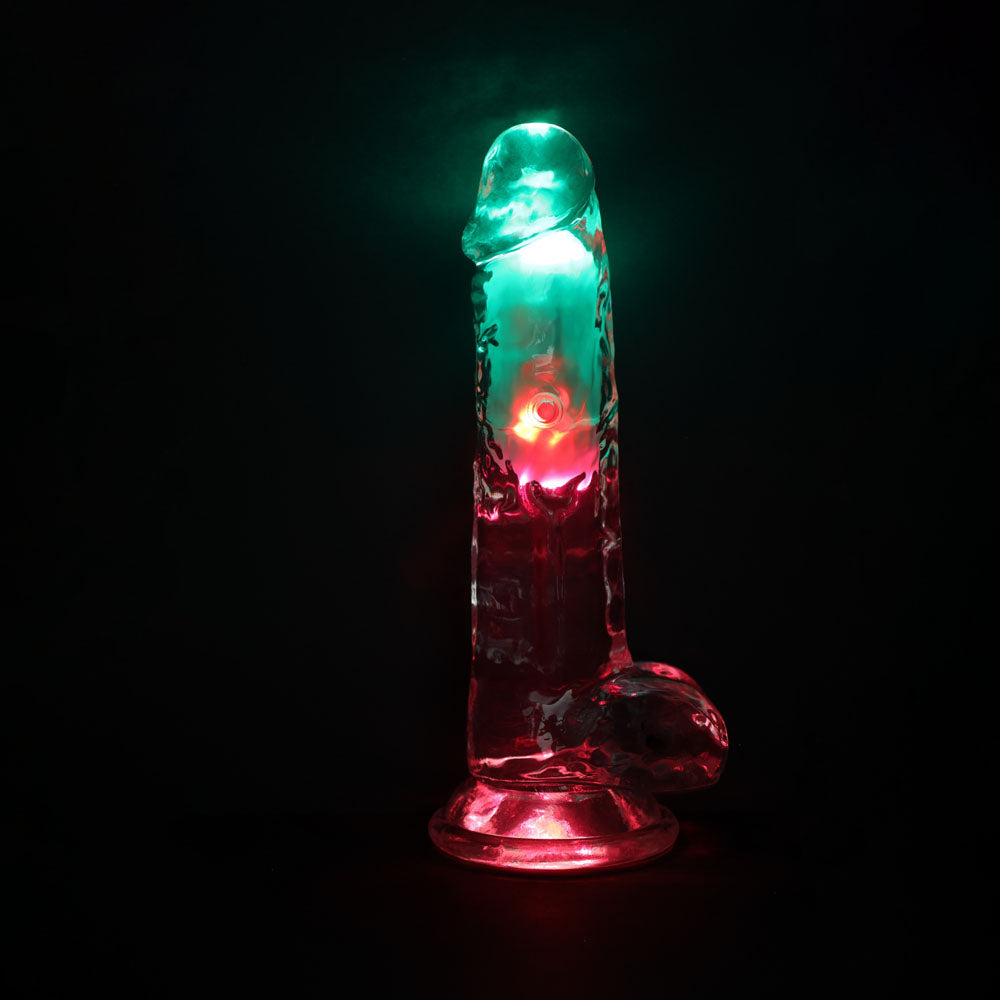 REALROCK 8'' with Balls Wireless Rechargeable LED Vibrating Dong - Clear with LED 22.5 cm USB Rechargeable Vibrating Dong with Remote Shots Toys