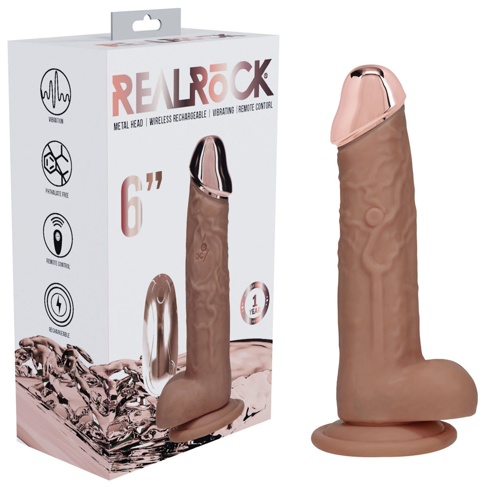 REALROCK Metal Head 6'' Rechargeable Dildo - Tan - Tan 16.2 cm USB Rechargeable Vibrating Dildo with Metal Head and Wireless Remote Shots Toys