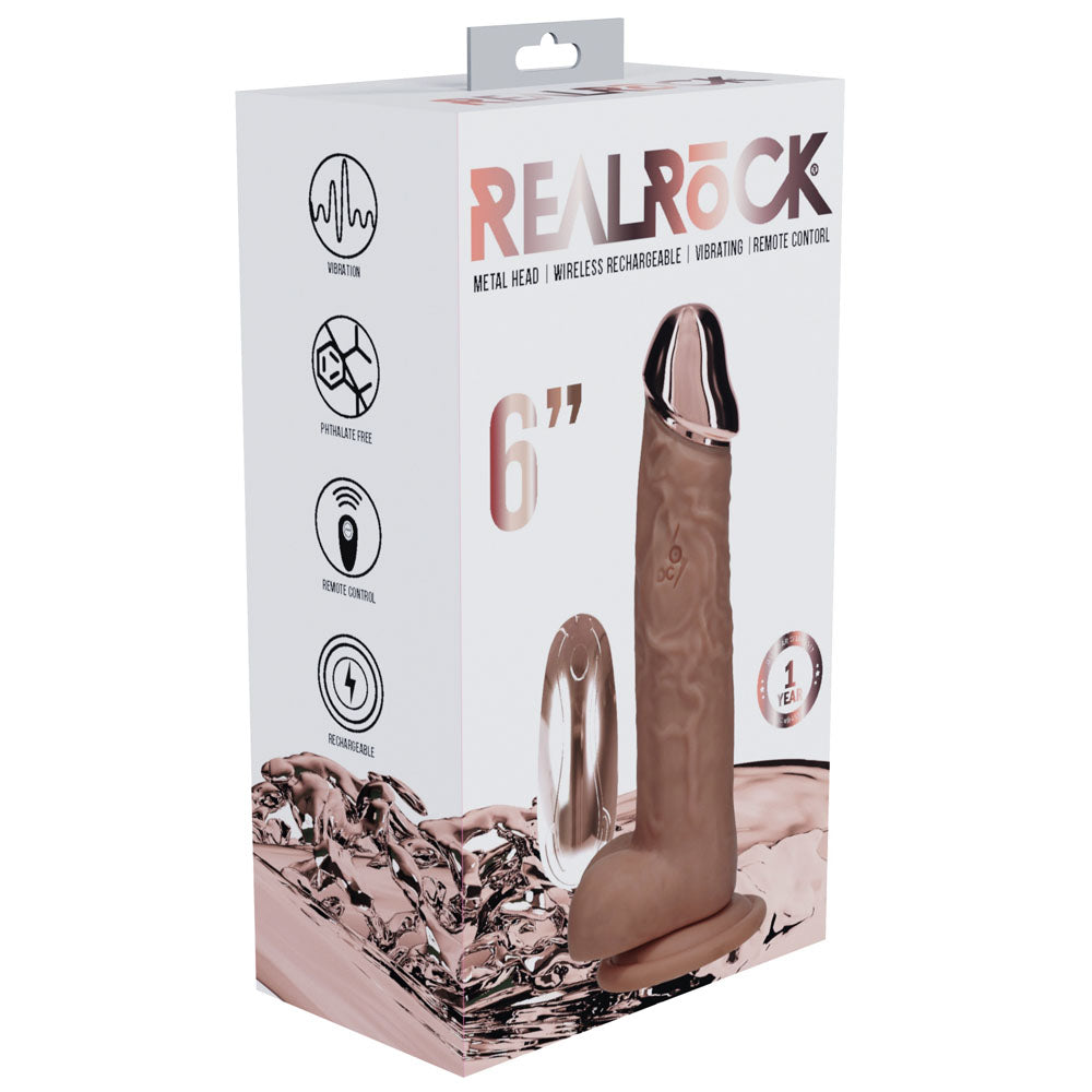 REALROCK Metal Head 6'' Rechargeable Dildo - Tan - Tan 16.2 cm USB Rechargeable Vibrating Dildo with Metal Head and Wireless Remote Shots Toys