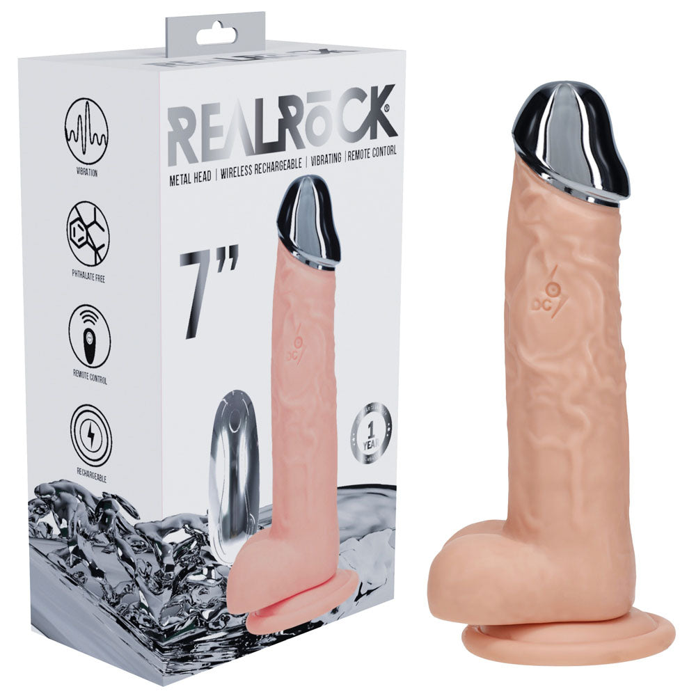 REALROCK Metal Head 7'' Rechargeable Dildo - Flesh - Flesh 19 cm USB Rechargeable Vibrating Dildo with Metal Head and Wireless Remote Shots Toys