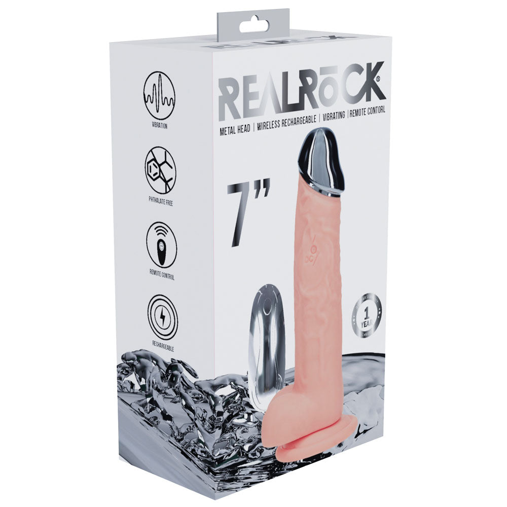 REALROCK Metal Head 7'' Rechargeable Dildo - Flesh - Flesh 19 cm USB Rechargeable Vibrating Dildo with Metal Head and Wireless Remote Shots Toys
