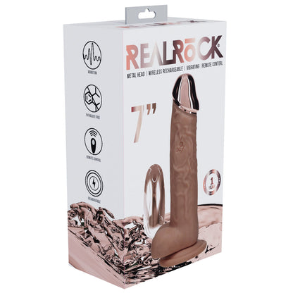 REALROCK Metal Head 7'' Rechargeable Dildo - Tan - Tan 19 cm USB Rechargeable Vibrating Dildo with Metal Head and Wireless Remote