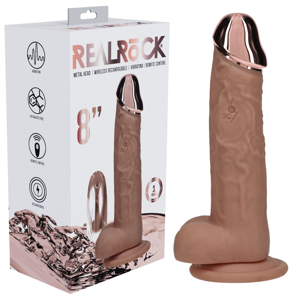 REALROCK Metal Head 8'' Rechargeable Dildo - Tan - Tan 22 cm USB Rechargeable Vibrating Dildo with Metal Head and Wireless Remote Shots Toys