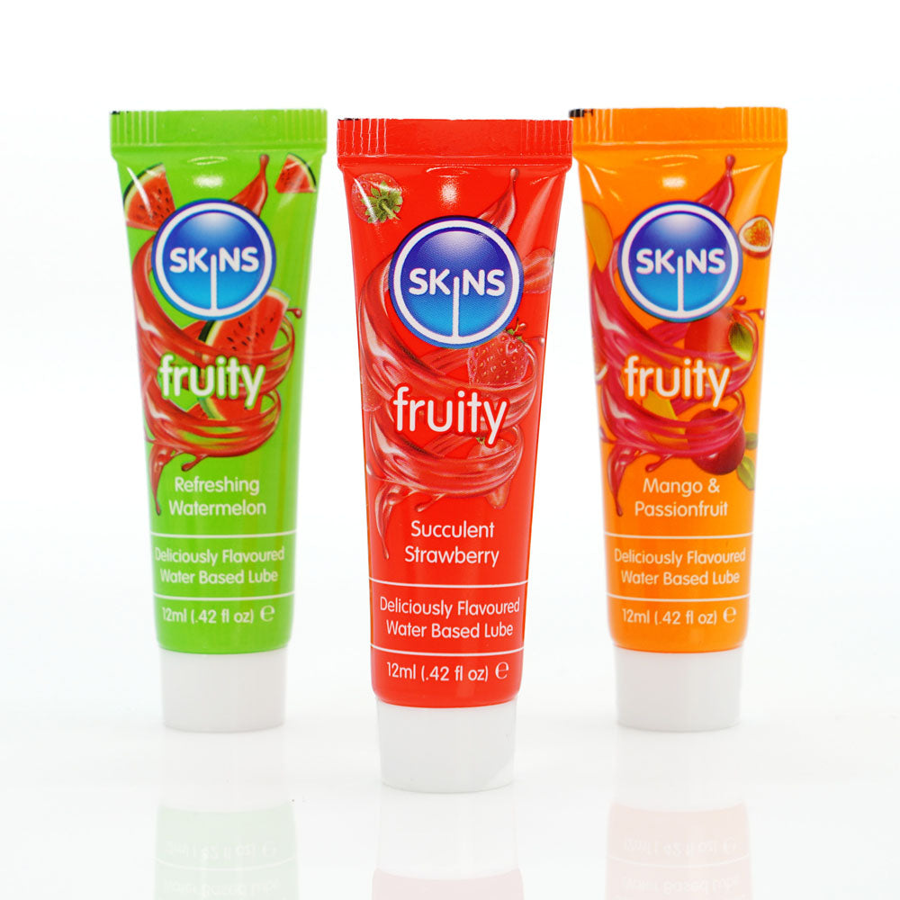 Skins Fruity Tubes - Watermelon, Strawberry, & Mango & Passionfruit Flavoured Lubricants - 12 ml Bottles Creative Conceptions