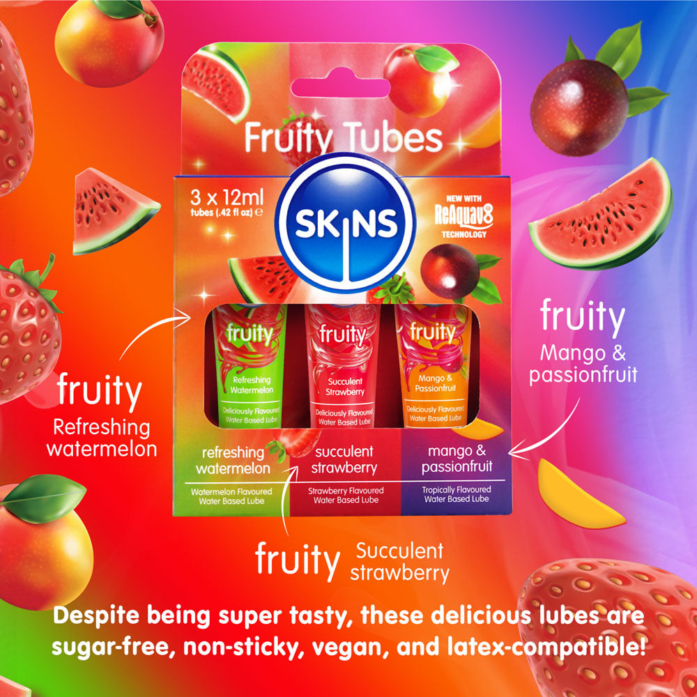 Skins Fruity Tubes - Watermelon, Strawberry, & Mango & Passionfruit Flavoured Lubricants - 12 ml Bottles Creative Conceptions