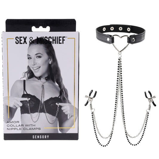 Sex & Mischief Amor Collar with Nipple Clamps - Metal Restraints Silver - Club X