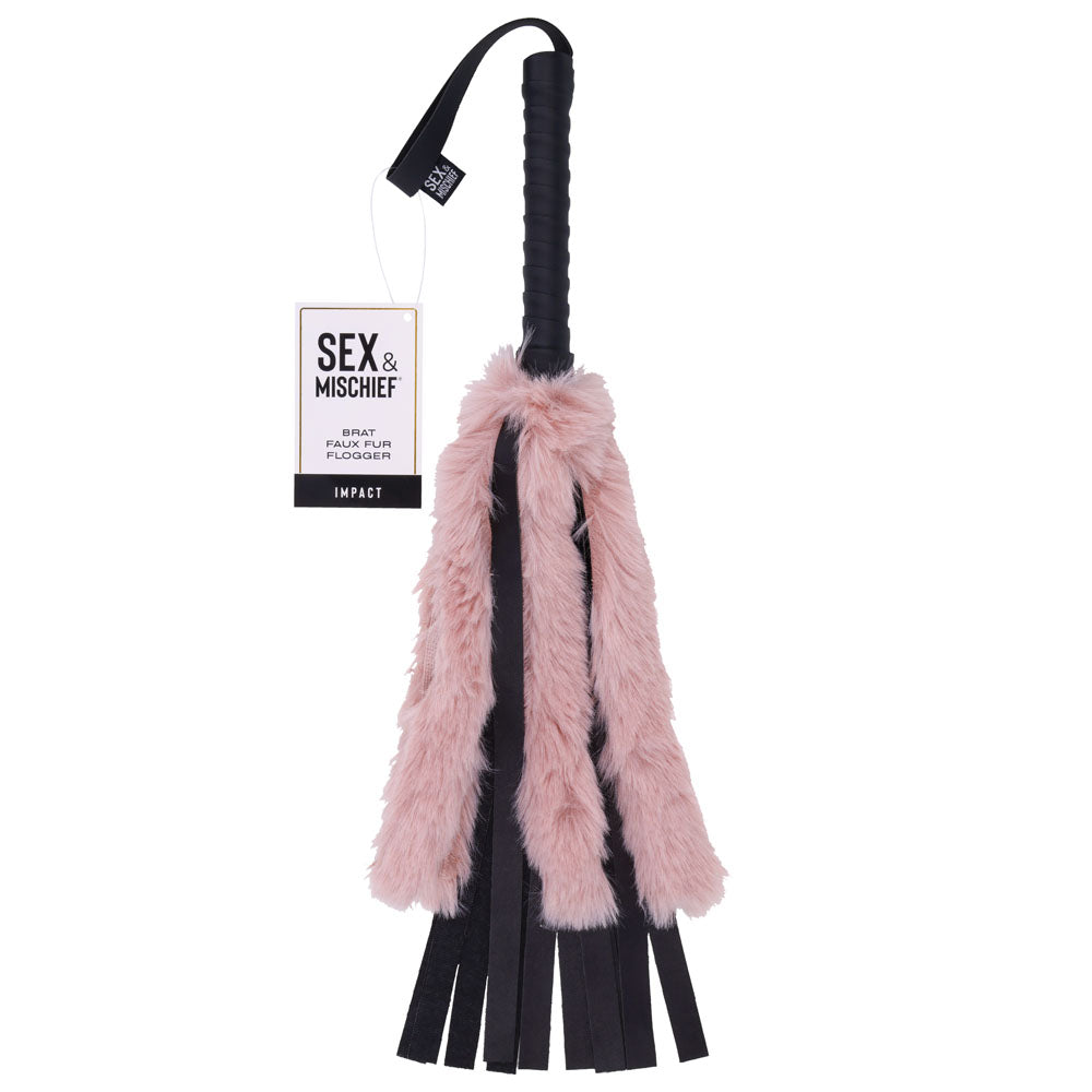 Sex & Mischief Brat Faux Fur Flogger - Black 50 cm Whip with Pink Faux Feather Black - Club X