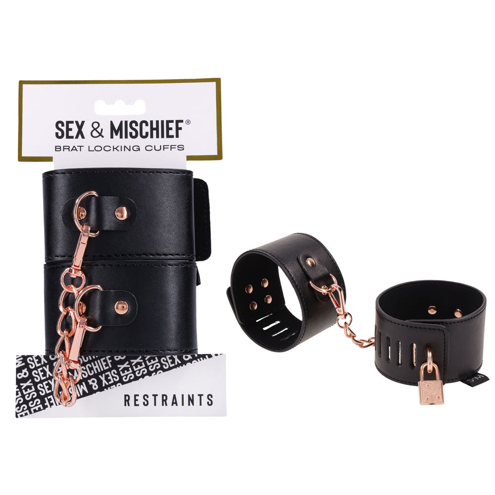Sex & Mischief Brat Locking Cuffs - Black/Rose Gold Hand Cuffs Sportsheets