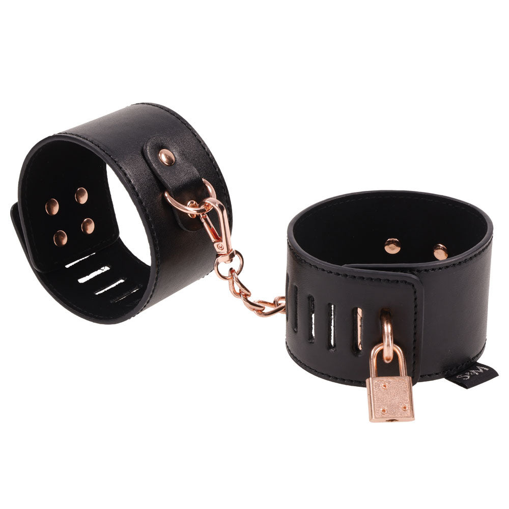 Sex & Mischief Brat Locking Cuffs - Black/Rose Gold Hand Cuffs Sportsheets