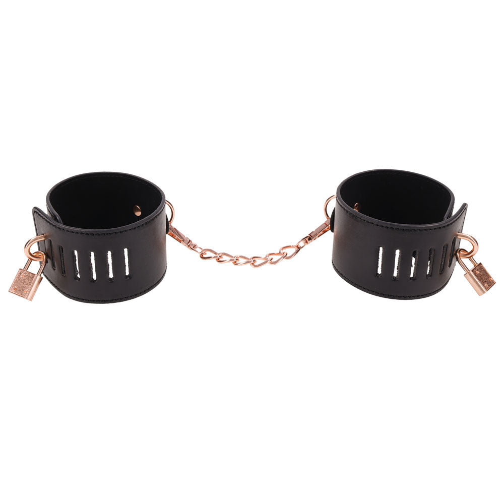 Sex & Mischief Brat Locking Cuffs - Black/Rose Gold Hand Cuffs Sportsheets