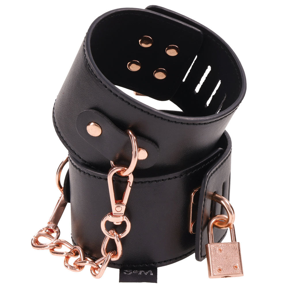 Sex & Mischief Brat Locking Cuffs - Black/Rose Gold Hand Cuffs Sportsheets